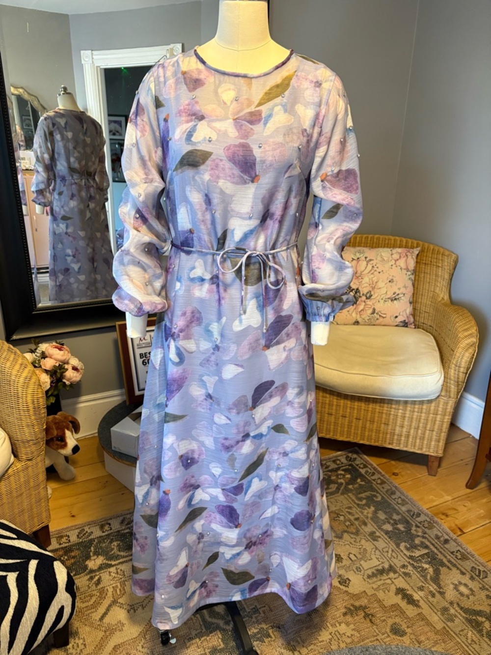 Lavender Floral Tie-Waist Maxi Dress with Long Sleeves